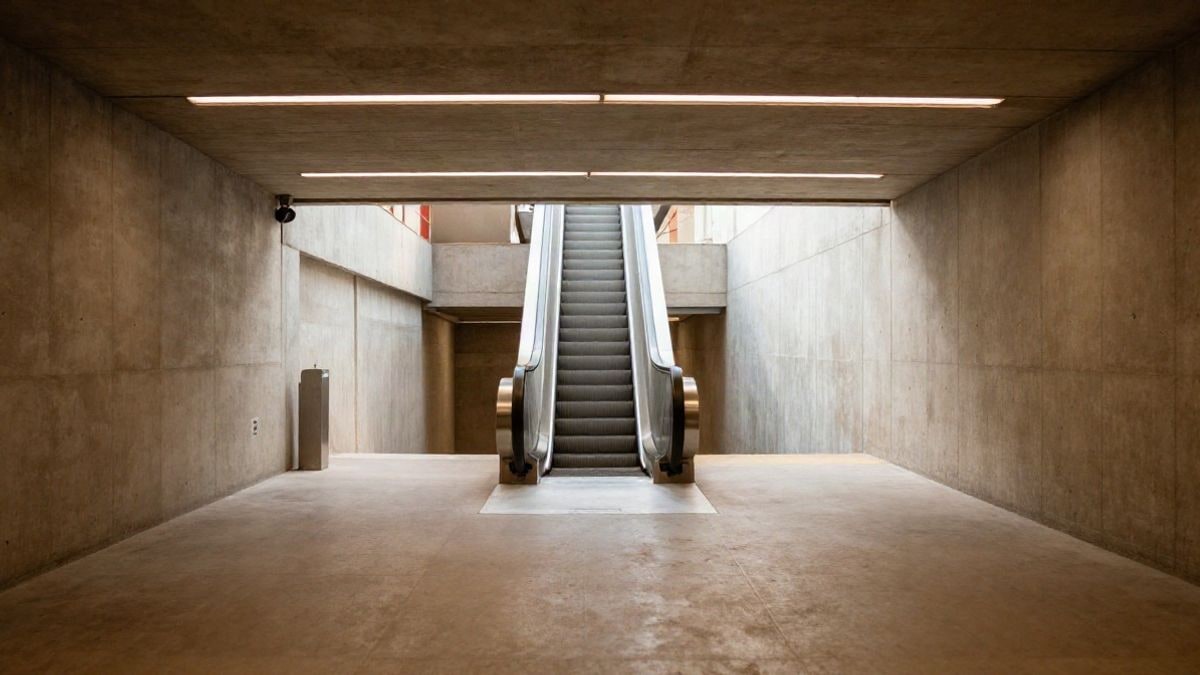 Imagen ilustrativa: un andén de metro en obras con una escalera mecánica parada y luz natural que entra desde la superficie