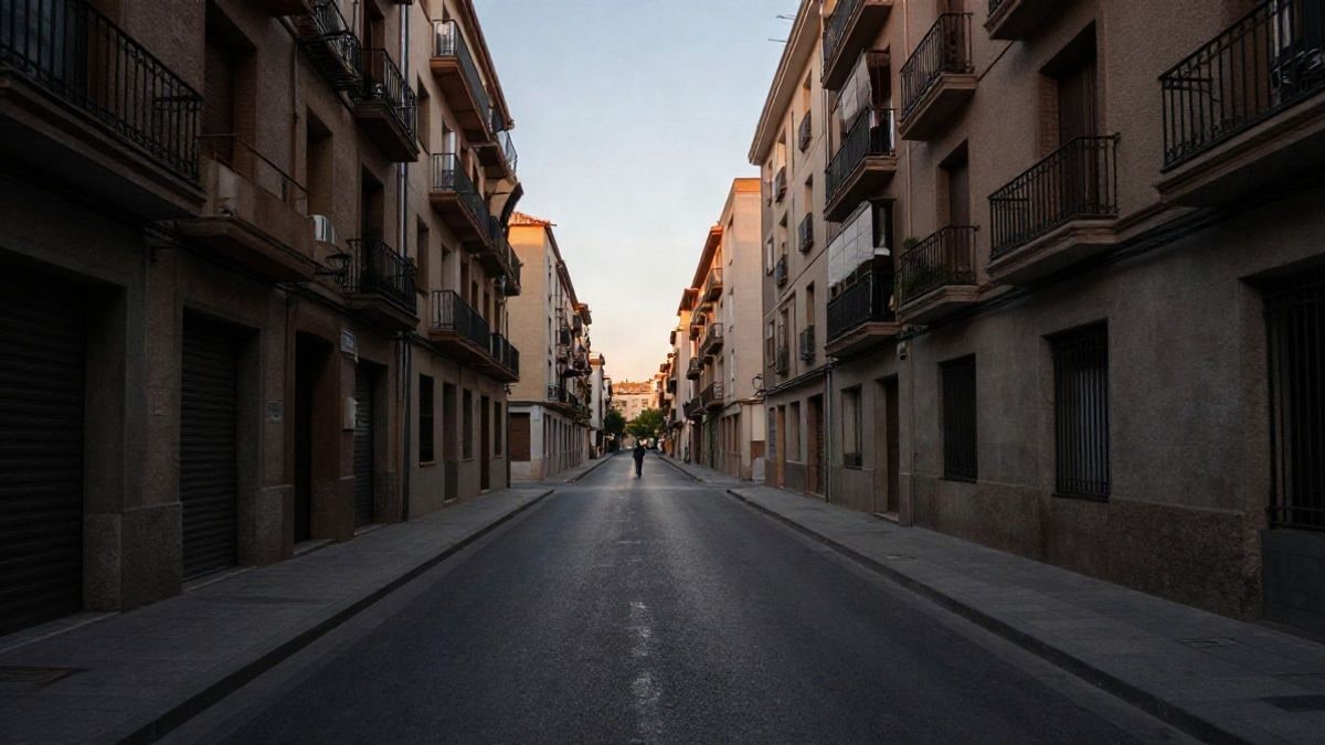 Imagen ilustrativa: calle residencial vacía al atardecer con una figura lejana y fachadas de edificios genéricos