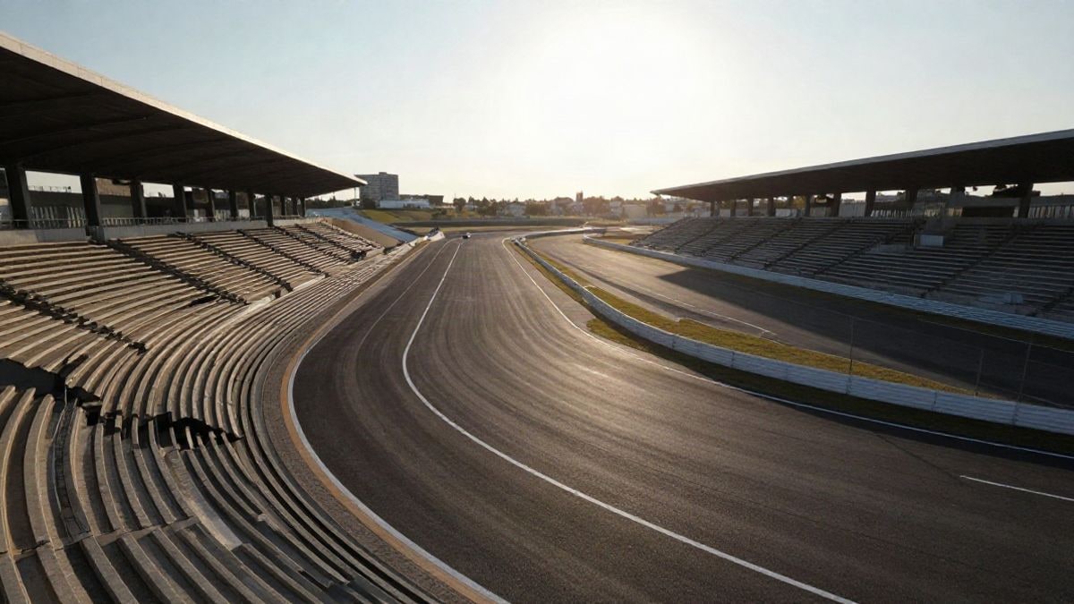 Imagen ilustrativa: vista aérea de un circuito urbano vacío al amanecer, con gradas y barreras de seguridad.