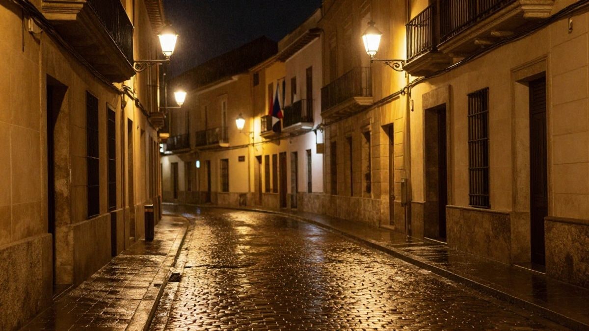 Imagen ilustrativa: calle empedrada iluminada por farolas durante la noche, con reflejos en el suelo mojado.