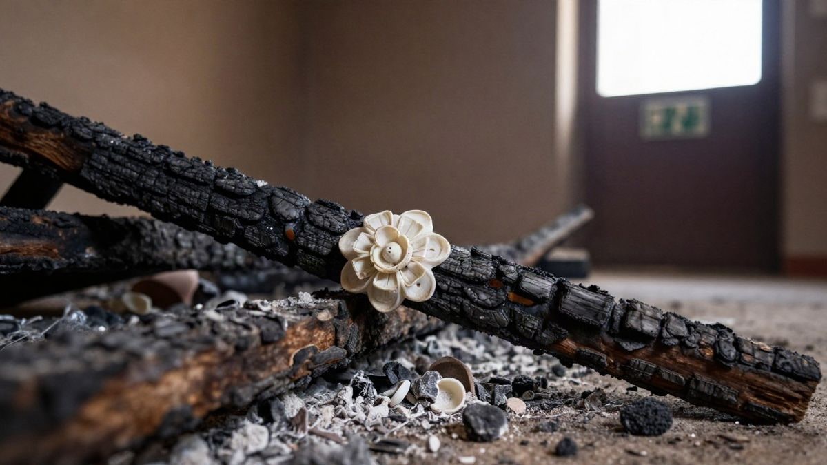 Imagen ilustrativa: restos calcinados de vigas de madera y decoración floral de plástico tras un incendio