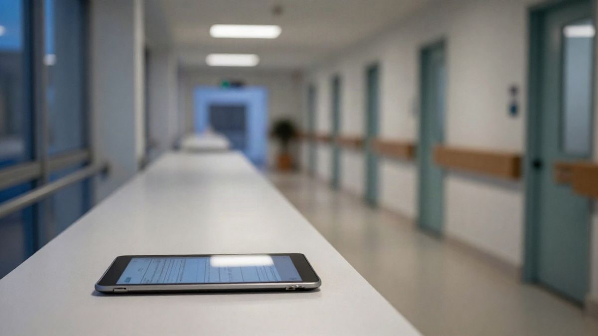 Imagen ilustrativa: pasillo de un hospital moderno al atardecer, con una tableta digital sobre un mostrador blanco