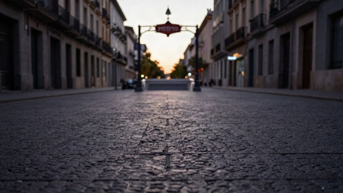 Imagen ilustrativa: ángulo bajo de una plaza urbana empedrada al atardecer con una boca de metro al fondo