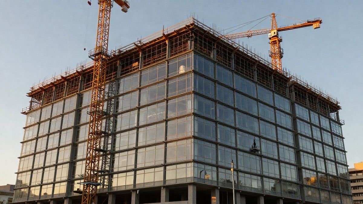 Imagen ilustrativa: edificio de oficinas en construcción con estructura de acero y grúas al atardecer