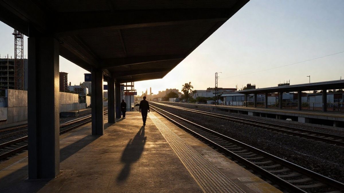 Imagen ilustrativa: andén de metro en construcción con vías al fondo al atardecer
