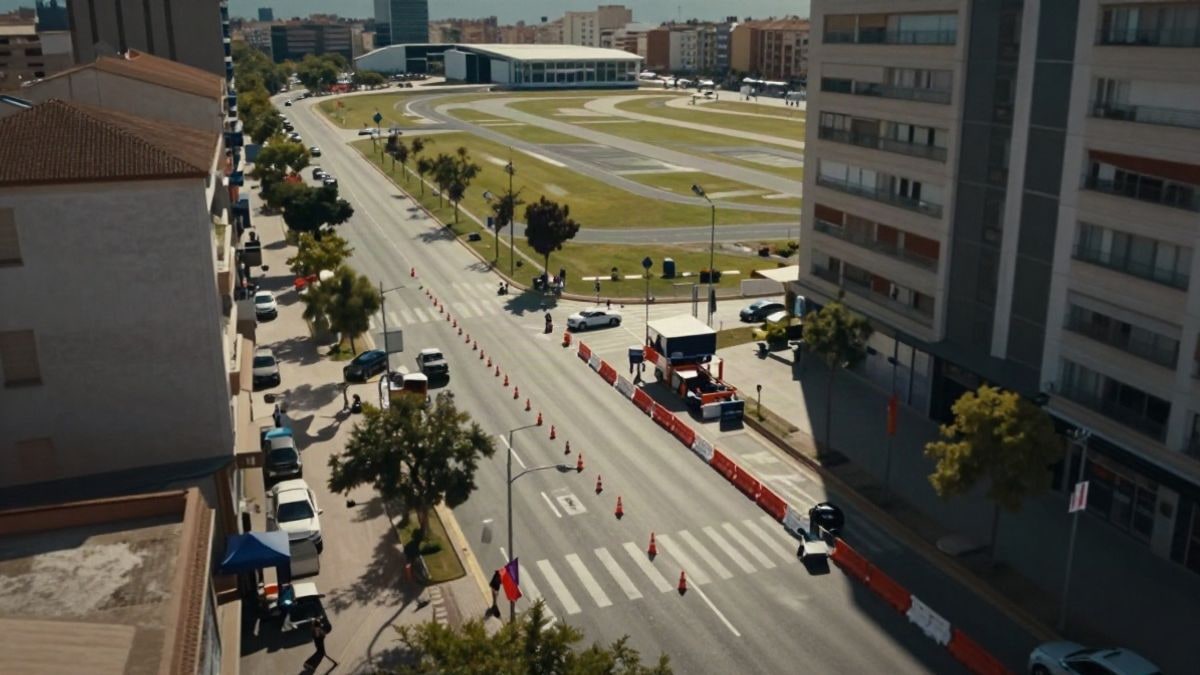 Imagen ilustrativa: vista cenital de una calle con conos y barreras de tráfico preparadas para un gran evento.