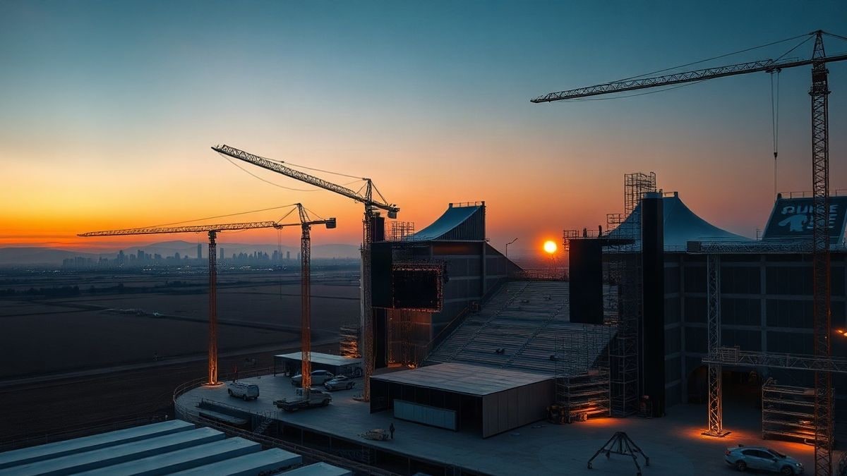Imagen ilustrativa: vista aérea de un estadio temporal en construcción al atardecer, con grúas y andamios en un entorno urbano