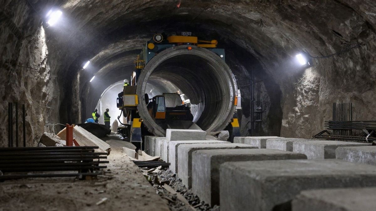 Imagen ilustrativa: interior de un túnel subterráneo en obras con una tuneladora parcialmente visible bajo luces industriales.