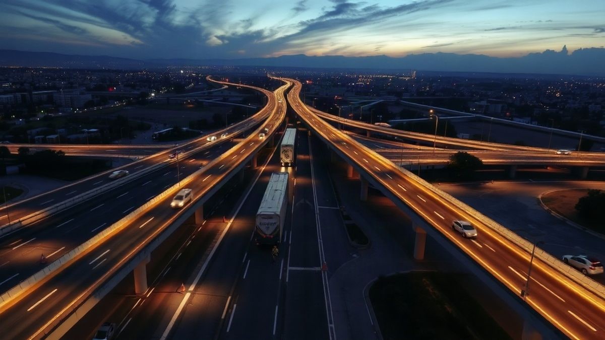 Imagen ilustrativa: vista aérea de un intercambiador de autopista al atardecer, con conos de tráfico y luces urbanas