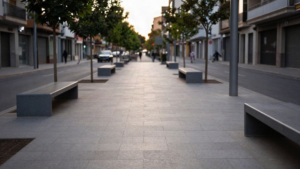 Imagen ilustrativa: calle urbana reformada con pavimento único y arbolado joven, sin personas