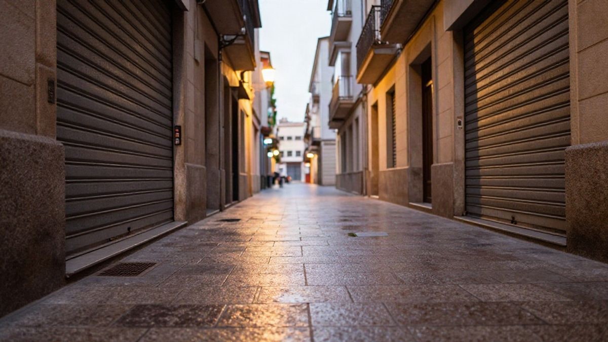 Imagen ilustrativa: fachada de un comercio con persiana metálica bajada en una calle urbana al atardecer