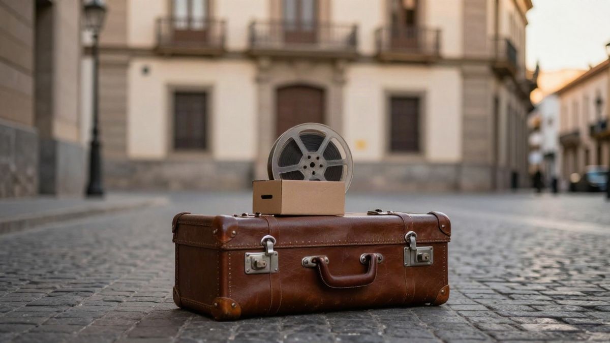 Imagen ilustrativa: maleta vintage y caja con carrete de película en una calle adoquinada al atardecer