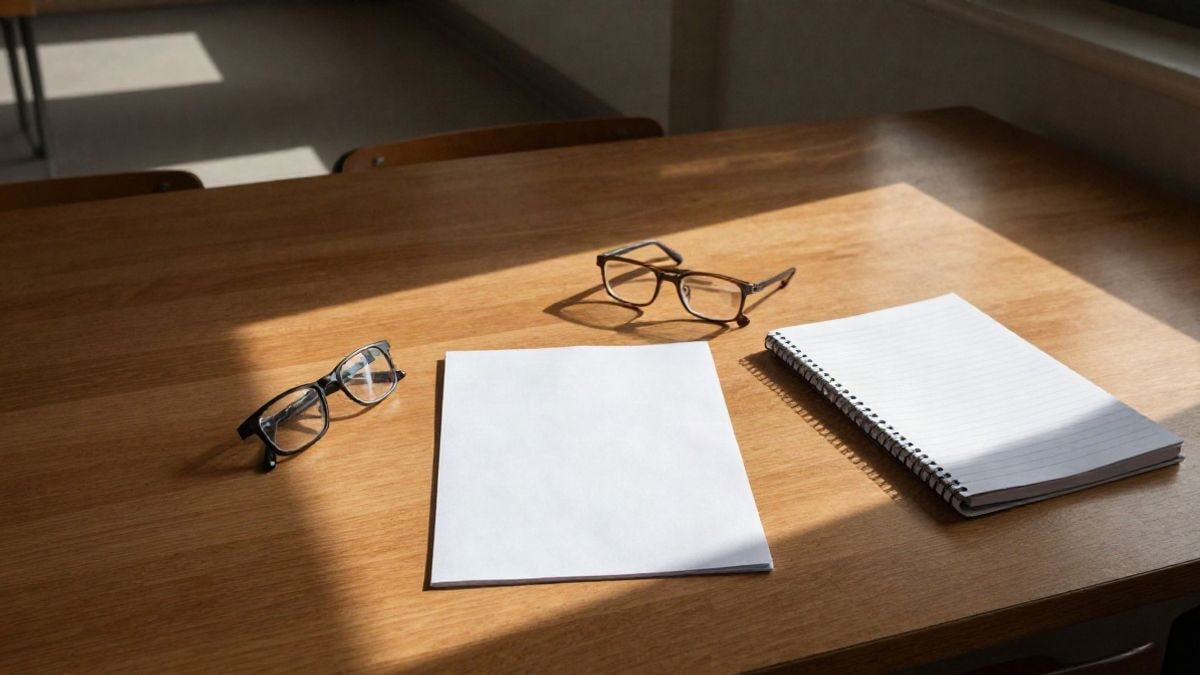 Imagen ilustrativa: mesa de madera vacía vista desde arriba, con una hoja en blanco y unas gafas de lectura bajo luz natural