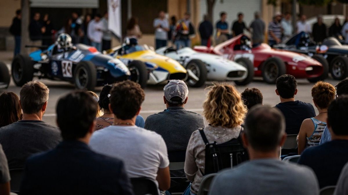 Imagen ilustrativa: plaza de un municipio español con pantalla gigante y exposición de coches de carreras