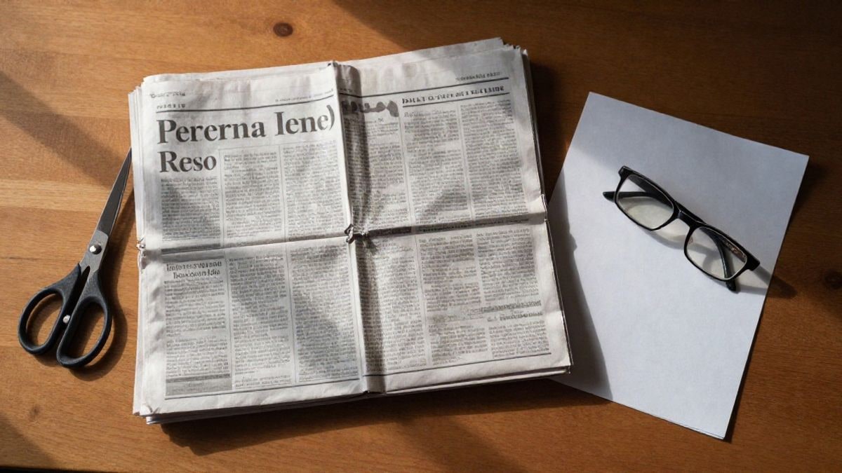 Imagen ilustrativa: periódico de papel abierto sobre una mesa de madera, con unas tijeras y una hoja blanca al lado