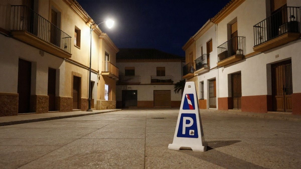 Imagen ilustrativa: patio interior de un edificio de viviendas iluminado por una farola, con un cono de señalización policial en el suelo