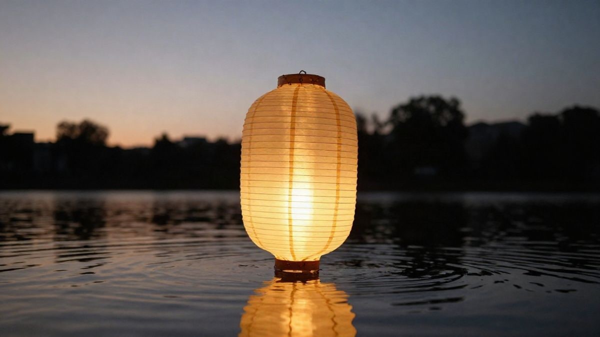 Imagen ilustrativa: un farolillo iluminado flotando sobre el agua oscura al atardecer, con el cielo de fondo