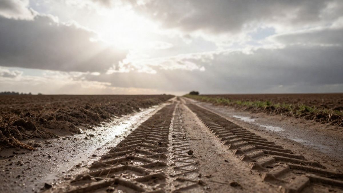 Imagen ilustrativa: huellas de neumáticos de tractor en un camino de tierra con cielo nublado al fondo