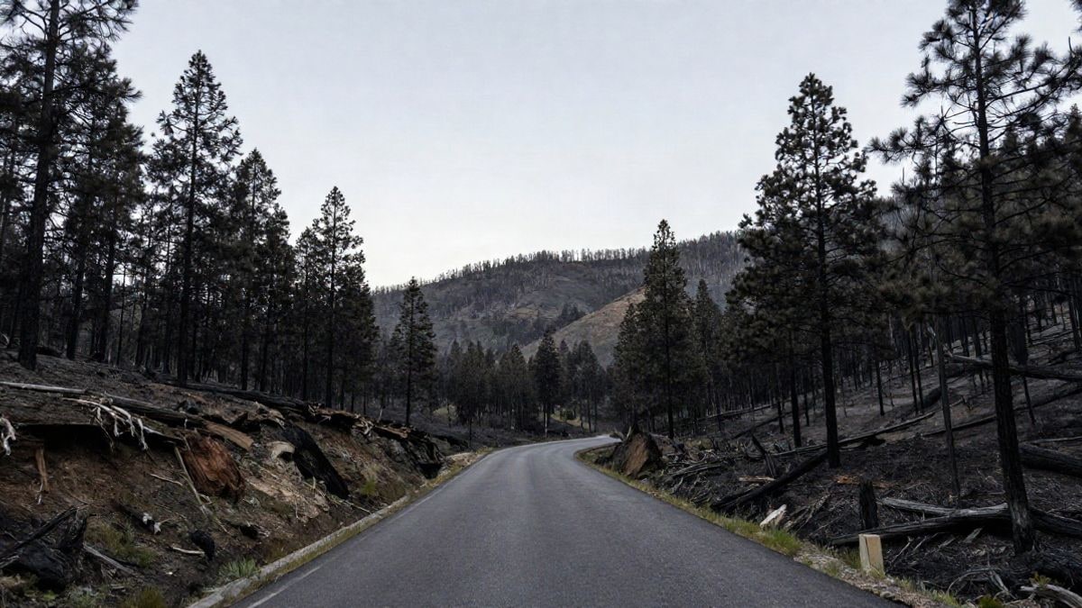 Imagen ilustrativa: carretera de montaña serpenteante entre pinos quemados, con un tramo de asfalto nuevo y mucho cielo despejado
