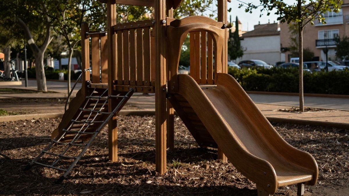 Imagen ilustrativa: estructura de madera de un parque infantil con toboganes y redes, rodeada de árboles jóvenes y suelo acolchado