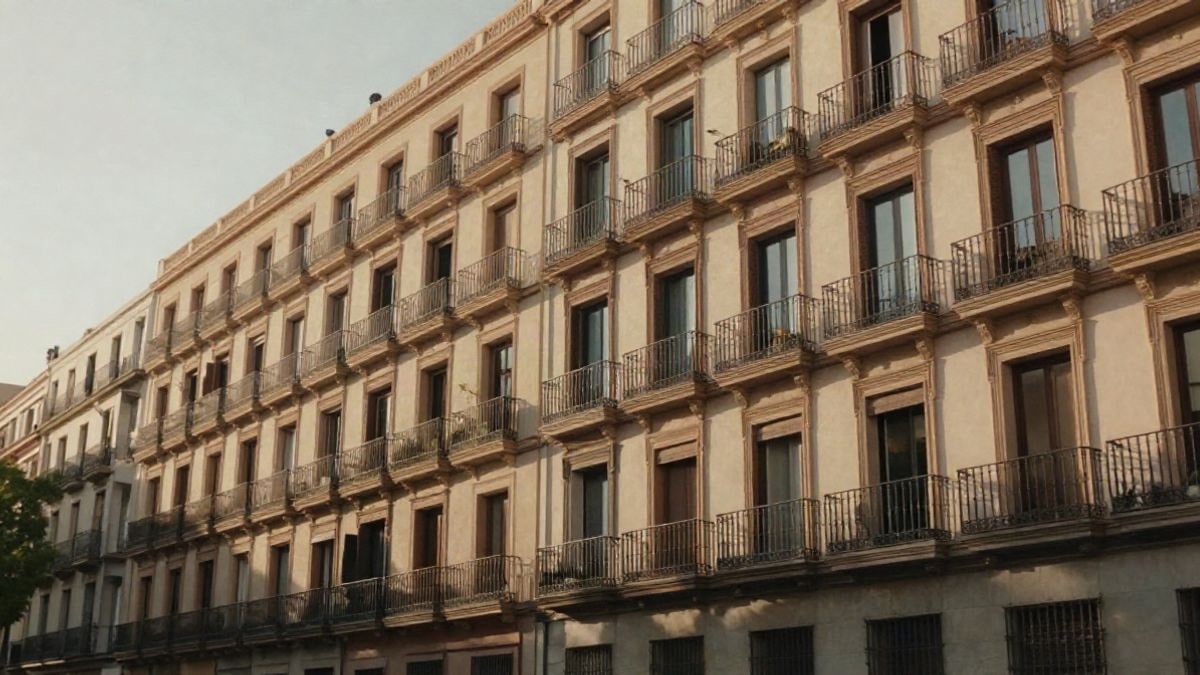 Imagen ilustrativa: fachada de un edificio residencial en una ciudad española con líneas convergentes de balcones