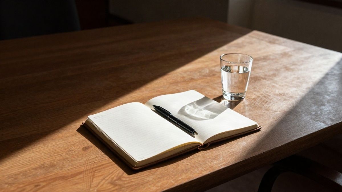 Imagen ilustrativa: mesa de madera vista desde arriba con una libreta abierta, una pluma y un vaso de agua junto a una ventana