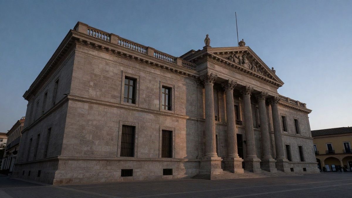 Imagen ilustrativa: fachada de piedra de un edificio institucional recortada contra el cielo al atardecer