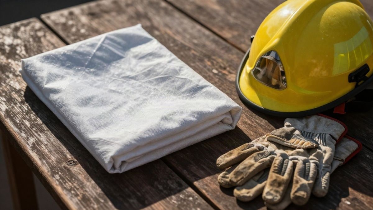 Imagen ilustrativa: manta térmica doblada y un casco amarillo de bombero sobre una mesa de madera al atardecer