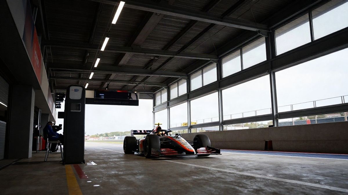 Imagen ilustrativa: interior de un circuito de carreras con un coche bajo un foco de luz lateral