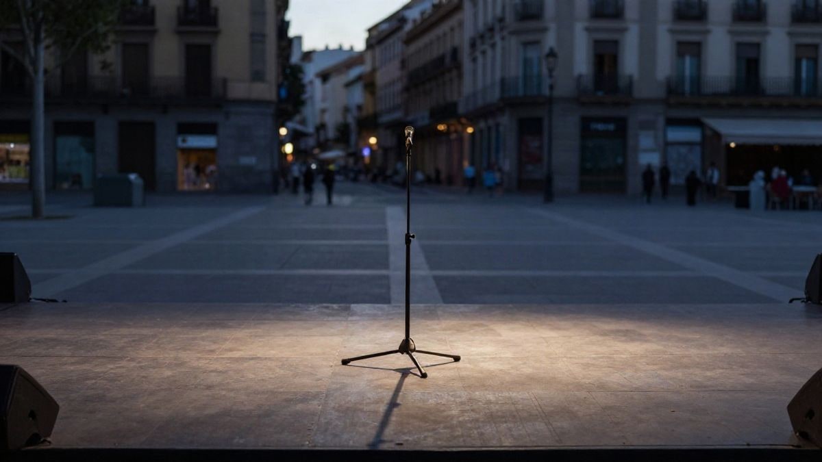 Imagen ilustrativa: escenario vacío al atardecer en una plaza urbana con un micrófono y sombras alargadas