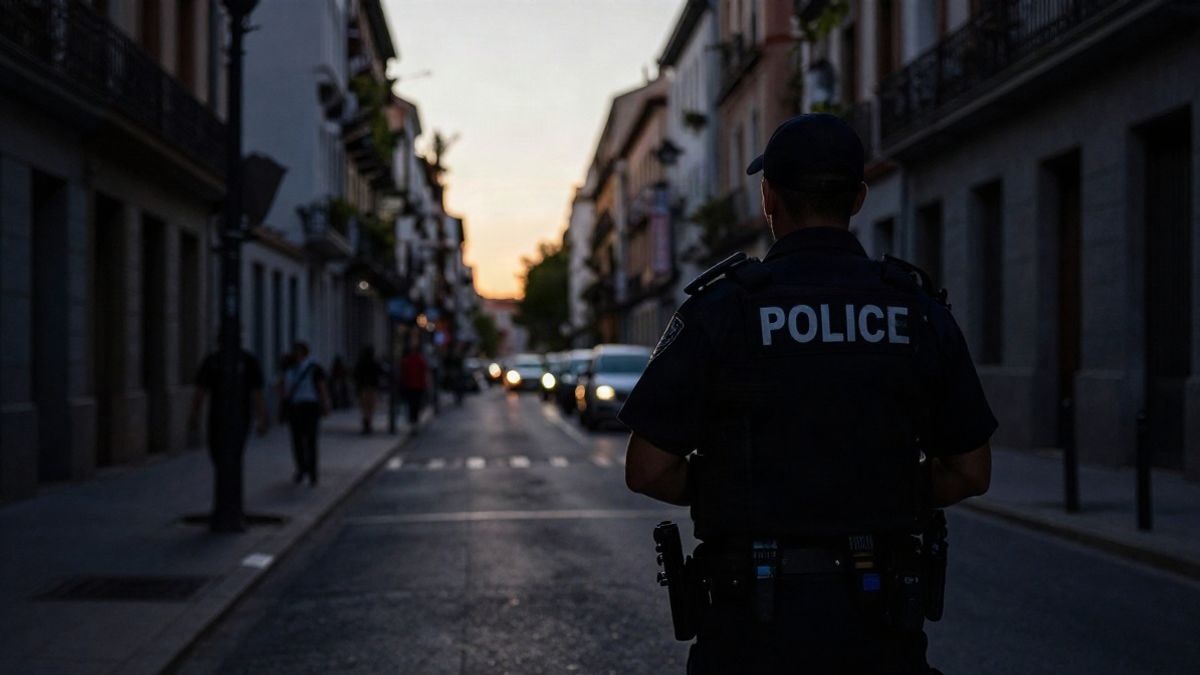 Imagen ilustrativa: silueta de un agente de policía de espaldas en una calle al atardecer, con sombras largas