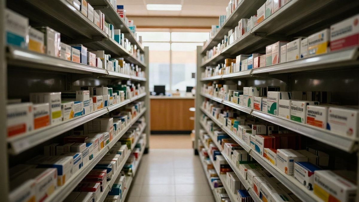 Imagen ilustrativa: estanterías de una farmacia con cajas de medicamentos ordenadas y un mostrador desenfocado al fondo
