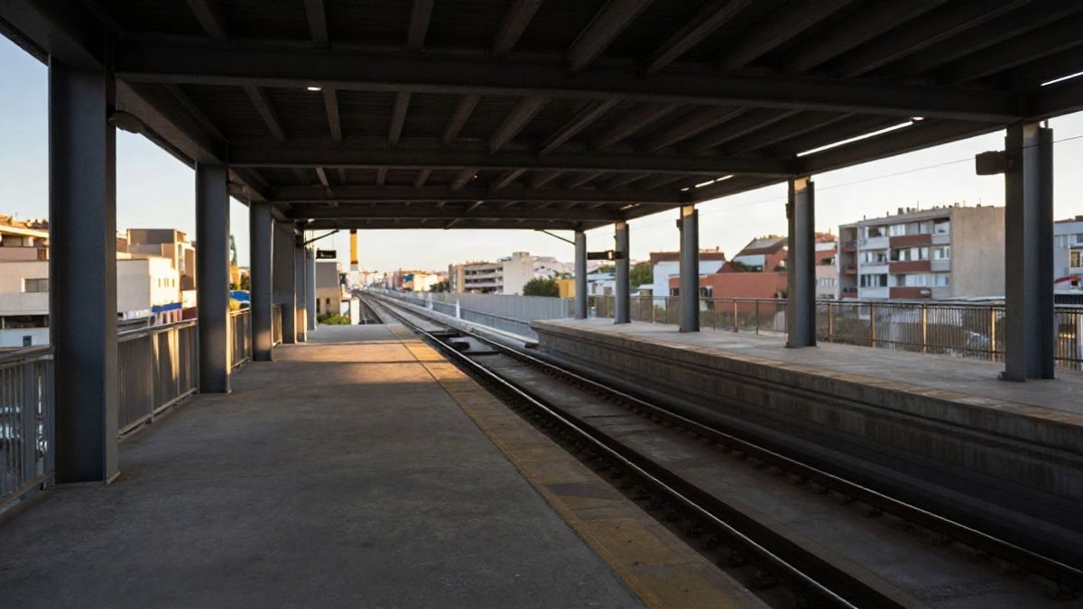 Imagen ilustrativa: andén de una estación de metro moderna en construcción con las vías convergiendo al fondo