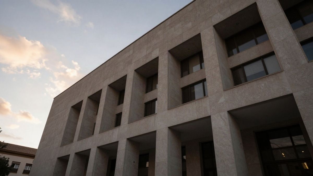 Imagen ilustrativa: ángulo bajo de la fachada de un edificio institucional moderno con luz de atardecer