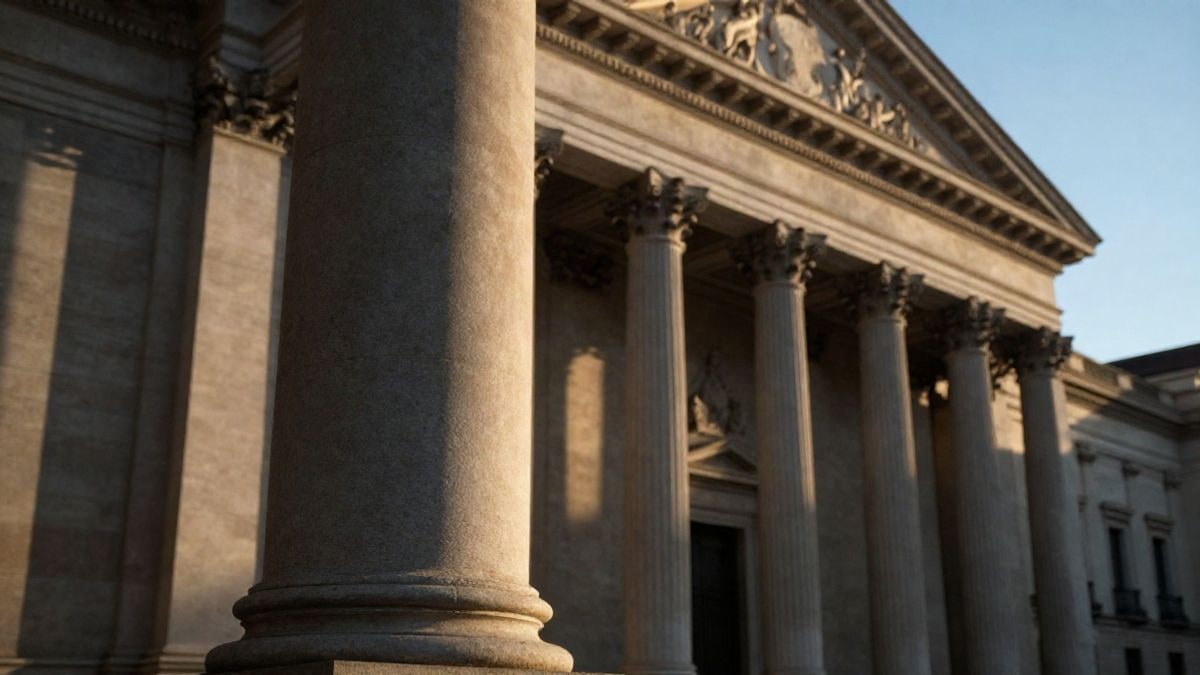 Imagen ilustrativa: fachada de un edificio civil neoclásico con columnas recortadas al atardecer, con sombras largas