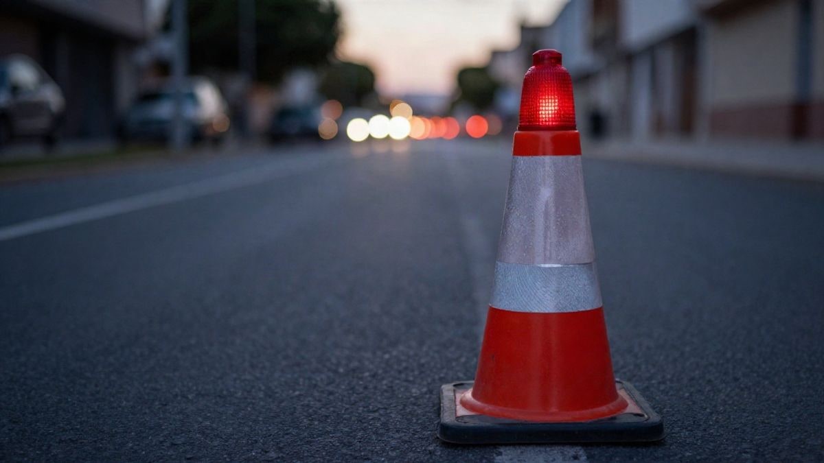 Imagen ilustrativa: cono de tráfico con luz roja sobre asfalto vacío al atardecer