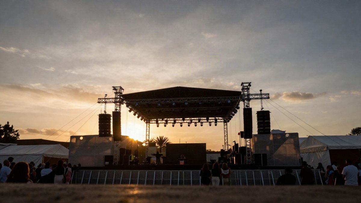 Imagen ilustrativa: escenario vacío de un festival al aire libre al atardecer, con estructuras metálicas y cielo dramático