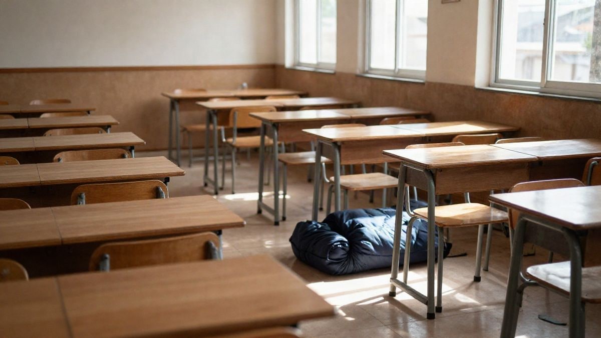 Imagen ilustrativa: aula de un colegio vacía con pupitres y luz de ventana lateral