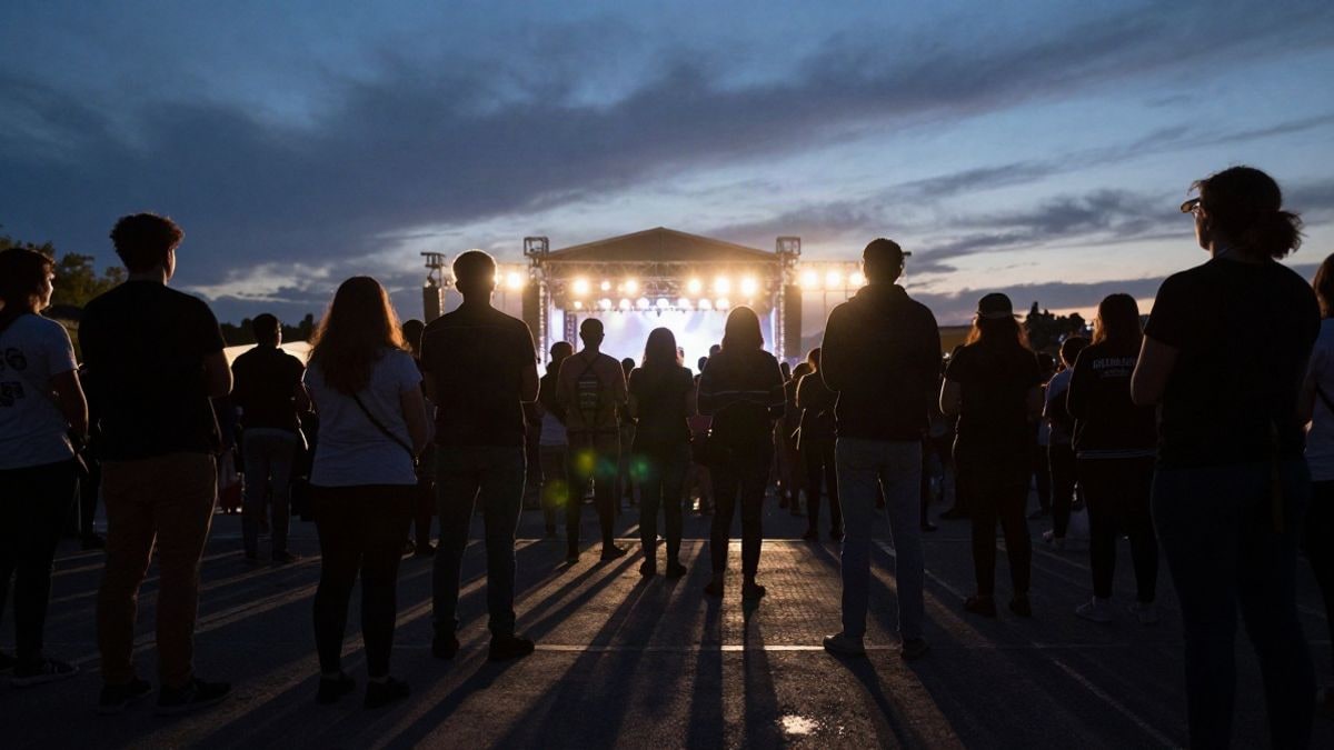 Imagen ilustrativa: siluetas de público en un concierto al aire libre al atardecer con luces de escenario al fondo