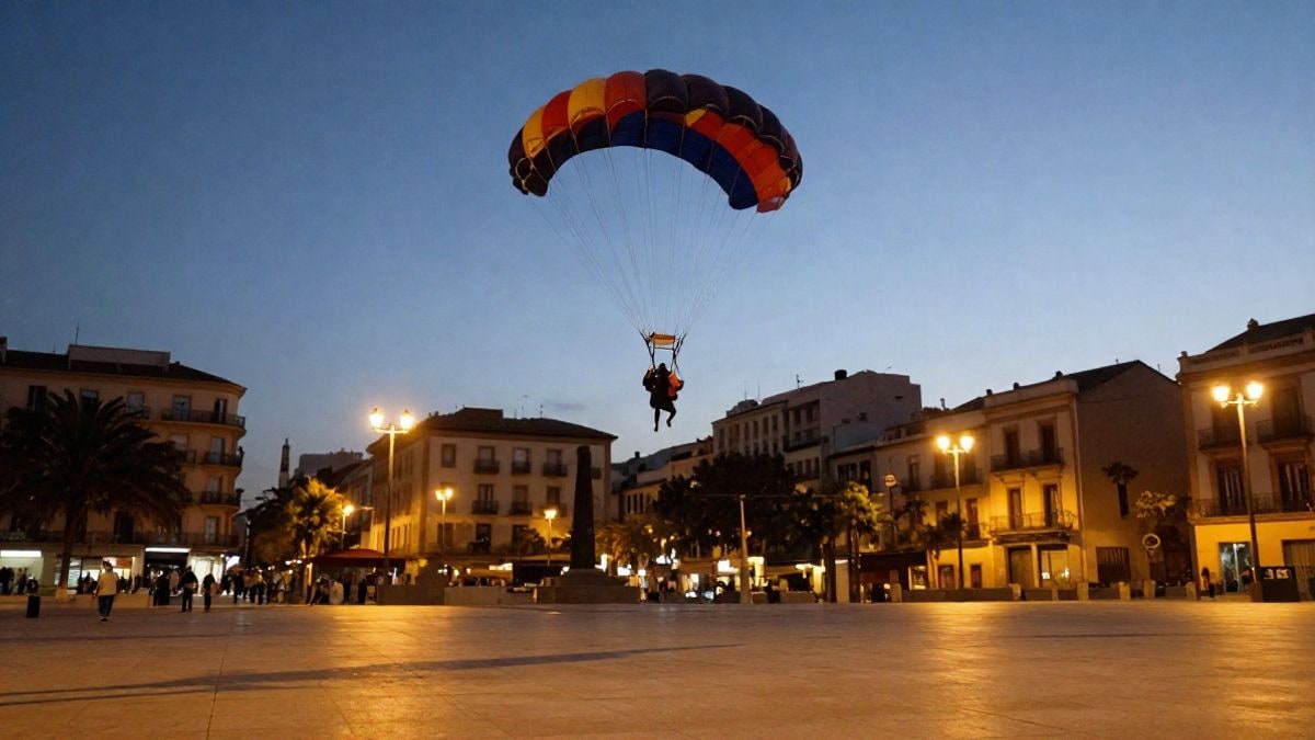 Imagen ilustrativa: paracaídas con bandera descendiendo al atardecer sobre una plaza urbana con luz artificial
