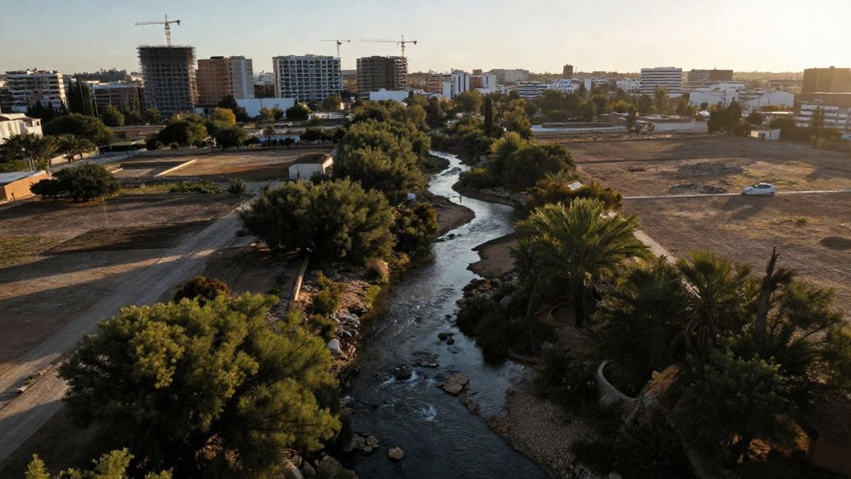 Imagen ilustrativa: vista aérea de una zona verde con un arroyo y edificios en construcción al fondo