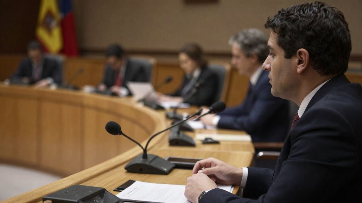 Imagen ilustrativa: sala de plenos municipal vacía con asientos y micrófonos