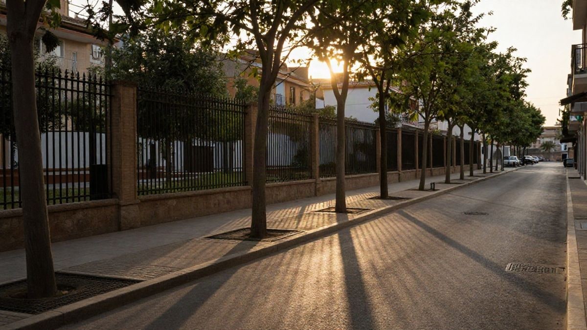 Imagen ilustrativa: calle vacía con sombras largas de una verja y árboles jóvenes al atardecer