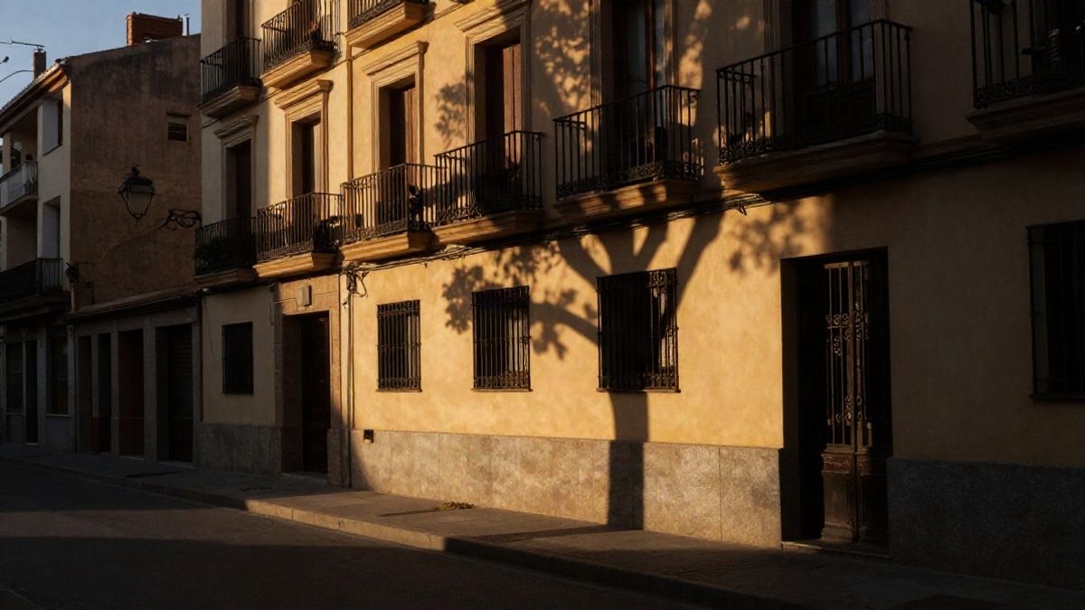 Imagen ilustrativa: fachada de un edificio residencial genérico en una calle urbana al atardecer, con sombras largas
