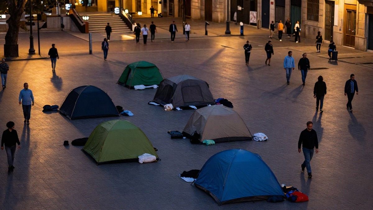 Imagen ilustrativa: vista cenital de una plaza urbana con tiendas de campaña y sacos de dormir sobre el pavimento al atardecer