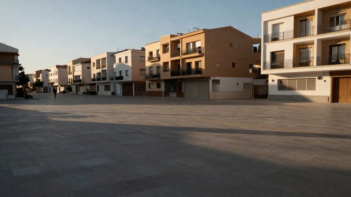 Imagen ilustrativa: edificios residenciales modernos de baja altura vistos desde una plaza vacía al atardecer