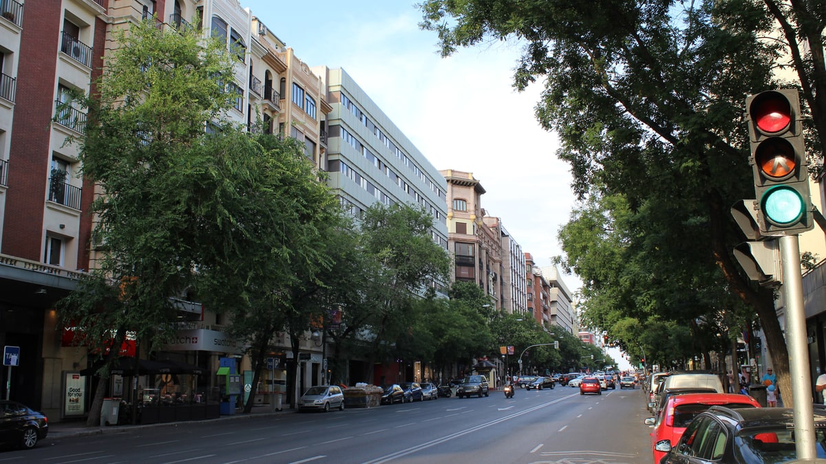 Calle de Goya en Madrid con árboles, semáforo en primer plano y tráfico circulando en día soleado.