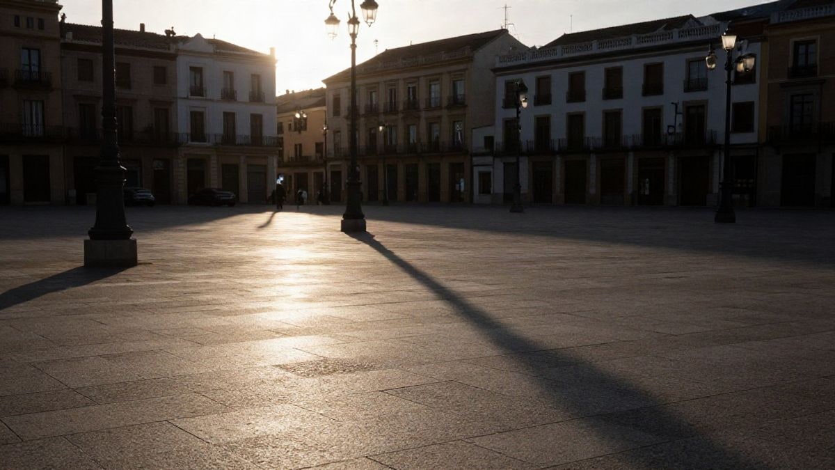Imagen ilustrativa: contraluz al atardecer en una plaza pública vacía con adoquines y farolas encendidas