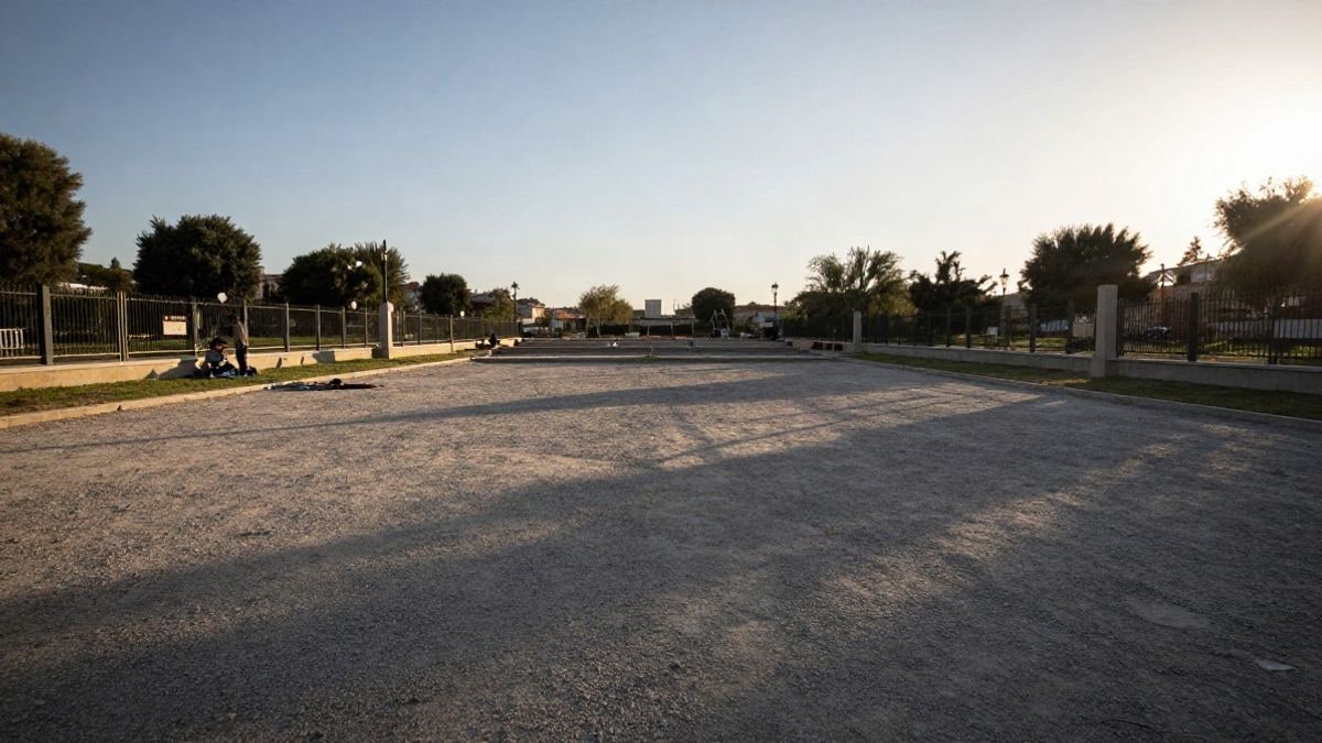 Imagen ilustrativa: un parque público en obras al atardecer, con un operario de espaldas en la distancia