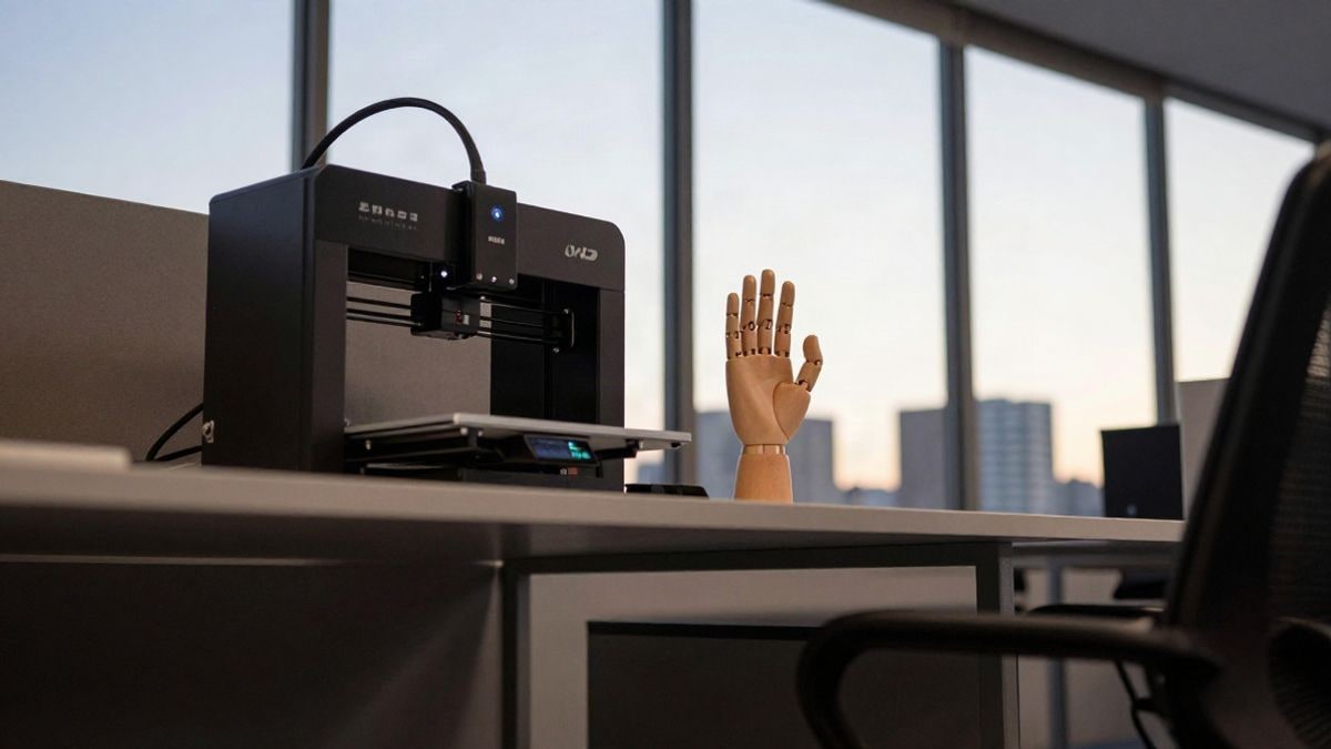 Imagen ilustrativa: ángulo bajo de un escritorio con una impresora 3D y una prótesis de mano prototipo junto a una ventana